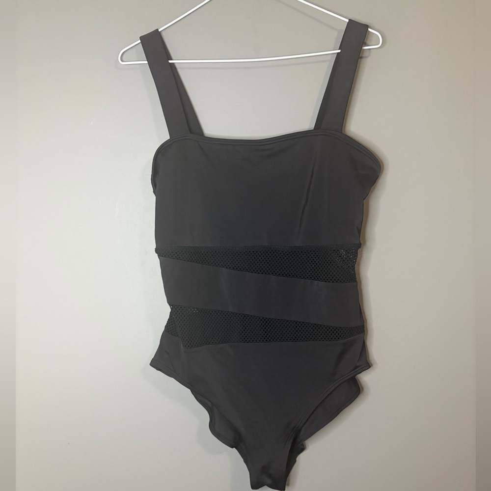 DKNY Black Mesh Panel One Piece Swimsuit | Size 14 | Chic Cutout - Picture 2 of 9